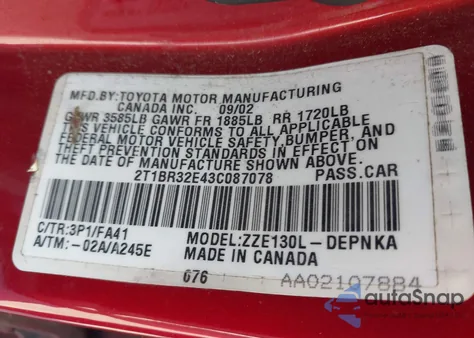 2003 Toyota Corolla Le из США, поврежденный, VIN 2T1BR32E43C087078